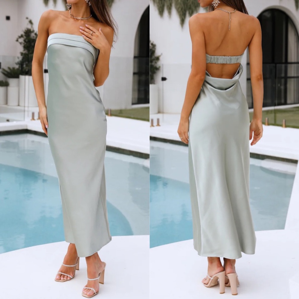 Hello Molly Sage Green Strapless Cowl-Back Maxi Dress